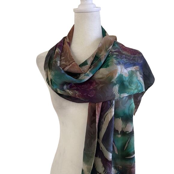 Abstract Watercolor Silk Scarf Vintage Sheer Jewel Tone Painterly Classic Artsy - Picture 4 of 8